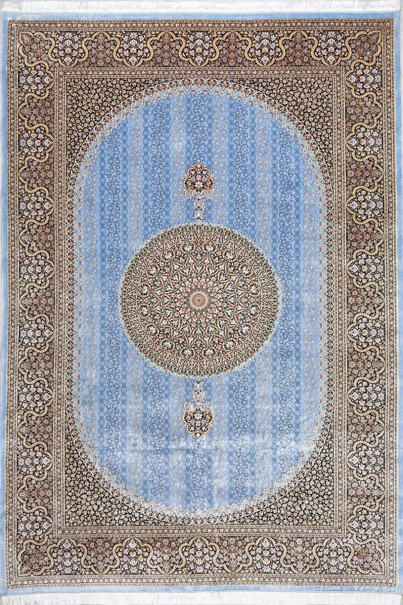 فرش ابریشم قم رنگ آبی - کد 4021 | فرش اکسیر