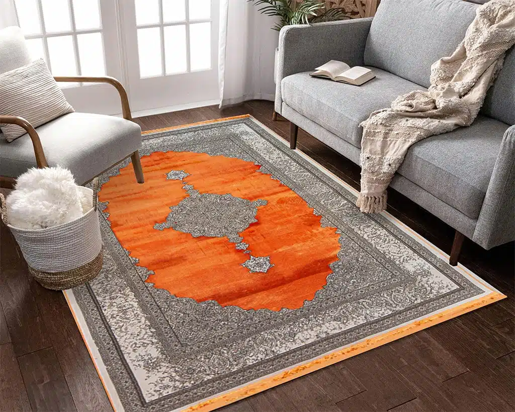 فرش نارنجی یکی از بهترین رنگ فرش با مبل طوسی