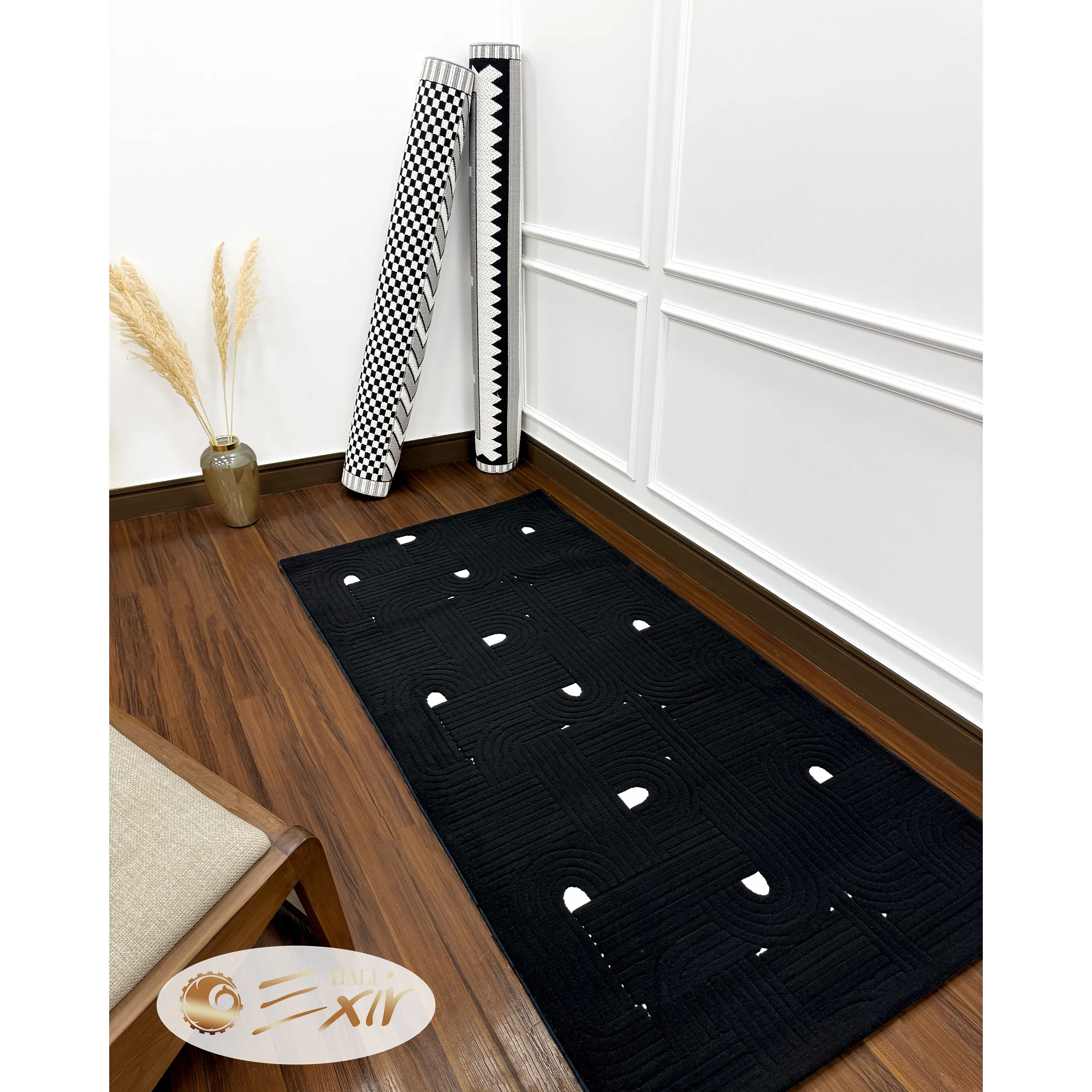 black-and-white-modern-runner-5347-P فرش کناره پینترستی مشکی سفید| فرش اکسیر