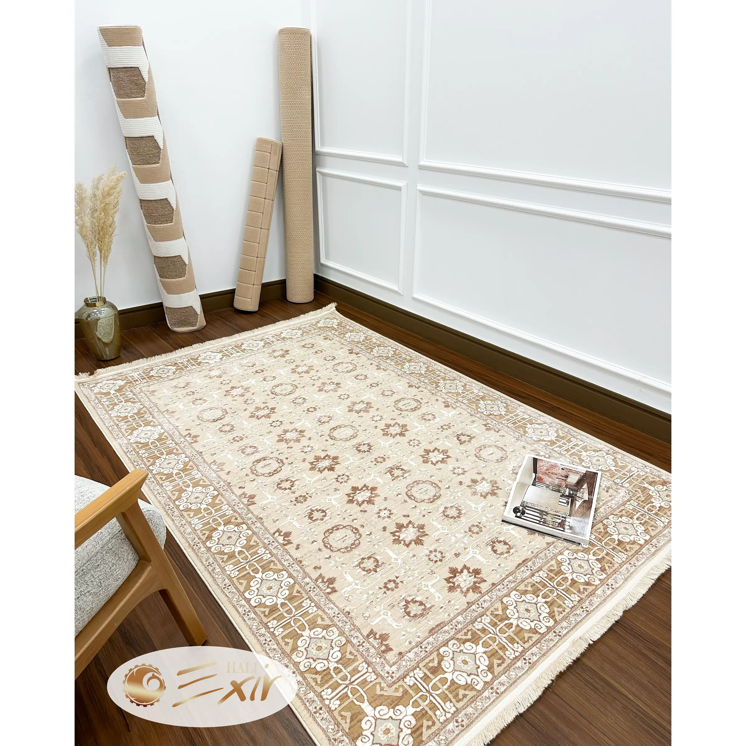 Beige Afshan neoclassic rug-255 Beige-P فرش سلطان آباد کرم با حاشیه قهوه ای| فرش اکسیر