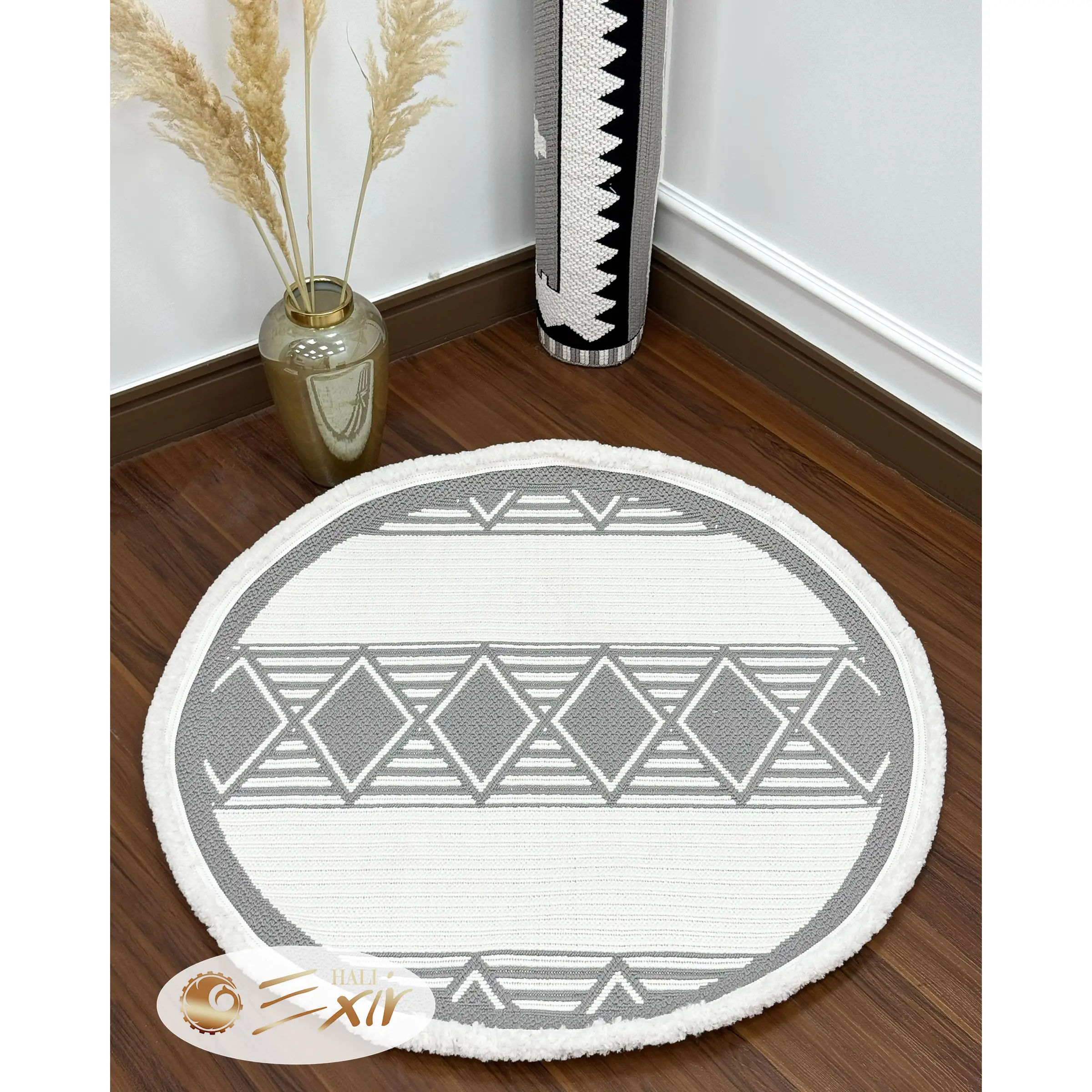 gray-and-white-Morrocan-round-rug-Lp07D.gary-P فرش گرد مراکشی سفید طوسی| فرش اکسیر